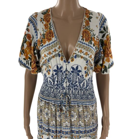Farm Rio Blue Floral Tapestry Tie Waist Short White Sleeve Dress - Picture 3 of 10